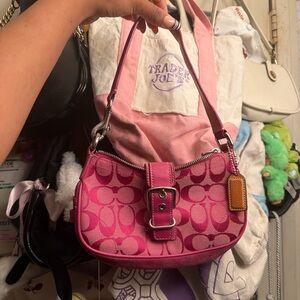 Coach Pink Signature Canvas Shoulder Bag with Buckle Detail